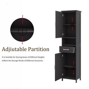Mobiletto Nero a Doppia Anta, Sottile e Alto, con 2 Ripiani Regolabili per Arredo Bagno - Product Image 5