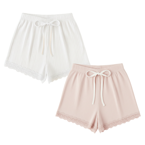 Women Fashion Ribbed Knit <b>Lace</b> Trim Drawstring Shorts High <b>Elastic</b> Comfortable Quick Dry Breathable Summer Lounge Shorts - Product Image 1