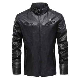 Chaqueta de cuero negra para hombre, estilo motociclista, corte ajustado, cuello alto, con cremallera, abrigo de invierno cálido, estilo béisbol personalizado - Product Image 1