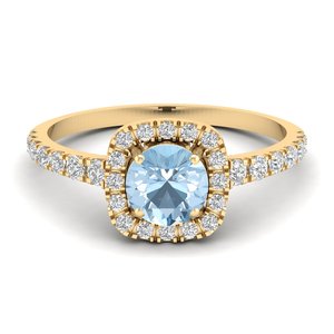 Bague de fiançailles REYES en or massif 14 carats avec halo de diamants, pierre précieuse aigue-marine taille brillant rond de 0,84 carat – Prix de gros - Product Image 1