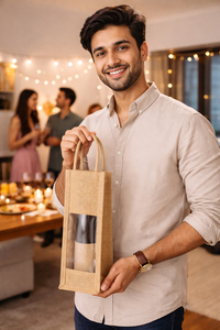 Eco Friendly Jute <b>Wine</b> Bottle Tote <b>Bag</b> with Transparent Window Reusable Gift Packaging - Product Image 2