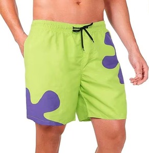Shorts de bain décontractés pour hommes, vert lime et violet, imprimé dessin animé, séchage rapide, avec cordon de serrage - Product Image 2
