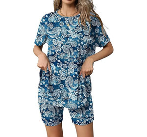 Best Quality Comfortable Women Summer Vacation Outfits Lace Ankle Button Crew Neck Top for Sets 100% Cotton Breathable 2 Piece - Product Image 5