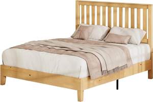 Marco de cama de plataforma de madera maciza de estilo de mediados de siglo, tamaño completo con base de cabecero de fácil montaje y resorte de caja de Color roble Natural - Product Image 2