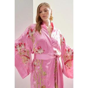 Vestido Casual de Satén Rosa para Mujer, Estilo Japonés de Lujo con Bordado, Largo hasta el Suelo, con Cinturón, Elegante Ropa de Estar por Casa, Bata de Spa - Product Image 3
