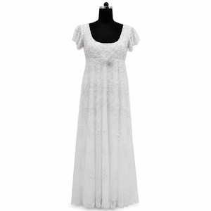Elegant White Beaded Maxi Dress Women Scoop Neck Flutter Sleeve Embroidered Floor Length Gown Wedding Bridal Party Formal - Product Image 1