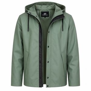 <b>Men's</b> Hooded PU <b>Raincoat</b> Long Casual Waterproof Jacket With Button Closure Solid Green Color Wholesale And Customizable - Product Image 2