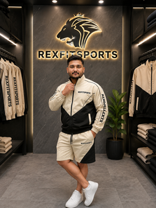 REXFIT SPORTS 2026 Ensemble veste et short en nylon crème et noir pour homme, personnalisé, avec fermeture éclair intégrale, style color block, vêtements de sport, marque privée - Product Image 4
