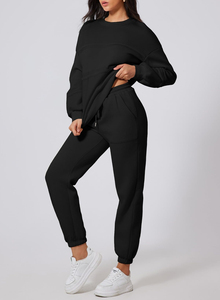 Ensemble de survêtement tricoté noir pour femme, col rond, manches longues, coupe ample, tenue décontractée, deux pièces, couleur unie - Product Image 6