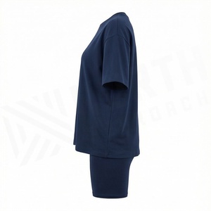 Conjunto de 2 Piezas Tejido para Mujer, Color Azul Marino Sólido, Camiseta de Cuello Redondo y Manga Corta, y Pantalones Cortos por Encima de la Rodilla, Corte Holgado, Estilo Casual - Product Image 3