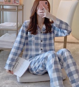 Ensemble de pyjama à manches longues à carreaux pour femmes, 100% coton, boutonné sur le devant, vêtements de nuit décontractés, deux pièces, longueur complète, col rabattu - Product Image 5