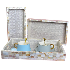 Plateau de service en bois fait main avec incrustation de nacre blanche, décoration de luxe pour la maison, hôtel et restaurant. - Product Image 6