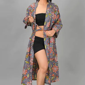 Bata de Baño de Verano para Mujer 100% Algodón, Suave, de Secado Rápido, Cuello en V, Cierre con Cordón, Larga, de Manga Larga, Estilo Kimono, Cómoda - Product Image 2