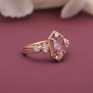 Bague de Mariage en Diamant Cultivé en Laboratoire Certifié IGI, Halo Hexagonal, en Argent Sterling 925 Massif, Diamant Rose Taille Radiant - Product Image 2