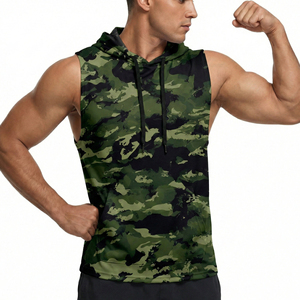 OEM High Quality Stylish Wholesale Men's Camo Sleeveless Hoodie Tank Tops Vest Custom <b>Logo</b> Private Label Fitness Gear Tank Tops - Product Image 1