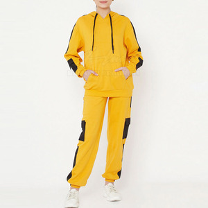 Ensemble de survêtement à capuche pour femme, jaune et noir, coupe ample, manches longues, sweat-shirt et pantalon décontractés, 100% coton, vêtements d'automne - Product Image 2