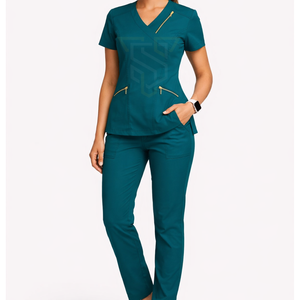 Ensemble de blouses médicales pour femmes, couleur turquoise, avec poches zippées, uniformes d'hôpital, tissu en polyester et coton tissé - Product Image 1
