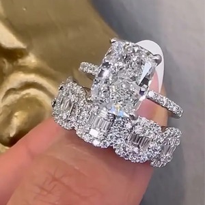 925 Moissanite Vintage <b>Cushion</b> Cut <b>Wedding</b> <b>Ring</b> Set With Halo Emerald Cut Half <b>Wedding</b> Band in White Gold Plated for Women's. - Product Image 6