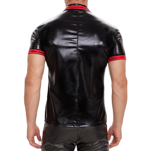 T-shirt en cuir brillant pour homme grande taille, haut en cuir verni, col rabattu, coupe slim, t-shirt court décontracté - Product Image 3