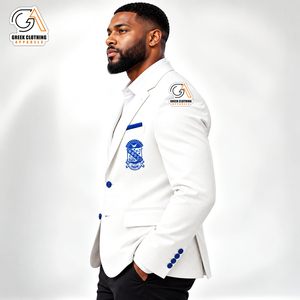 <b>Men's</b> Phi Beta Sigma <b>White</b> Single Breasted Notched Collar Embroidered <b>Blazer</b> Blue Logo Anti-Wrinkle Anti-static Lightweight - Product Image 3