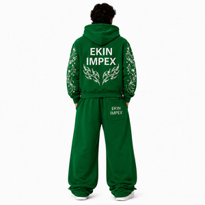 Sweat à capuche zippé intégral et pantalon de jogging ample à jambe large pour hommes et femmes, 100% coton premium, vert forêt, avec motif étoile et flamme en strass cristal - Product Image 2
