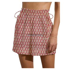Nuevos shorts de verano con estampado de bloques y cordón para mujer, pantalones cortos de algodón con estampado de bloques y cordón para el fin de semana y la playa. - Product Image 5