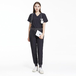 Ensemble de blouses médicales pour femmes en coton et polyester tricoté, haut à col en V et pantalon de jogging, uniformes médicaux d'hôpital, noir - Product Image 1