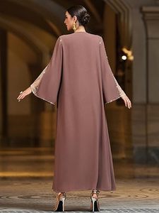 Elegant Beaded Open Abaya <b>For</b> Women <b>Long</b> Sleeve Plus Size Solid Color Middle East Wedding <b>Dress</b> Polyester Modest Wear Chiffon - Product Image 3