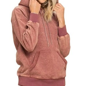 OEM Custom Women's Cotton Acid Wash <b>Hoodie</b> Mauve <b>Pink</b> Pullover Sweatshirt Contrast Cuff Heavyweight Vintage <b>Hoodie</b> Wholesale - Product Image 1