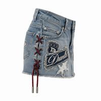 Mini-jupe en jean vintage pour femme, style rétro, avec dentelle, patchs et strass, respirante, coupe ample, pour toutes les saisons