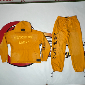 Conjunto de Sudadera con Capucha y Cremallera de Estampado Puff de Alto Gramaje y Pantalones Jogger Acampanados 100% Algodón con Lavado Ácido para Hombre, con Bordado - Product Image 1