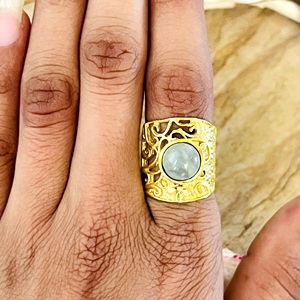 Vintage Style Boho Gemstone <b>Ring</b> Vintage Brass <b>Rings</b> Women 18k Gold Plated Filigree Wide Band <b>Statement</b> for Wholesale/OEM/ODM - Product Image 2