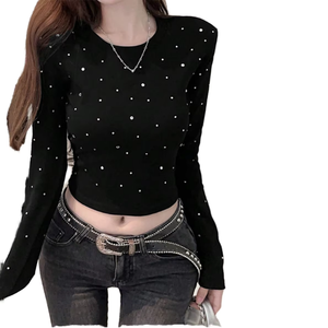 Women's Black <b>Rhinestone</b> Dot Crop <b>Top</b> Long Sleeve O-Neck Slim Fit Knitted Y2K Style T-Shirt - Product Image 1