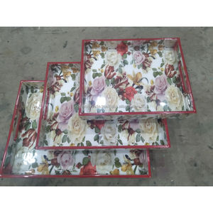 Ensemble de plateaux de service rectangulaires faits à la main avec cadre rouge, imprimé floral vintage rose, plateau décoratif pour le petit-déjeuner, pour la maison et les cadeaux - Product Image 1