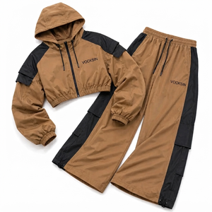 Vocksin <b>Women's</b> Camel Brown Cropped Hooded Windbreaker Tracksuit Waterproof Zipper <b>Jacket</b> Wide Leg Pants Set High Street Style - Product Image 5