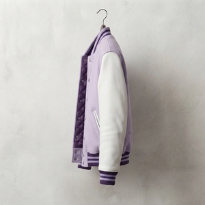 Custom Lavender Wool Letterman <b>Jacket</b> <b>White</b> Sleeves Embroidered Patch Snap Button College Style Outerwear <b>for</b> <b>Men</b> - Product Image 3