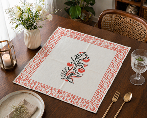 Boho Orange Carry Hand Block Print <b>Table</b> Mat Set White Cotton Placemats Export Quality Washable <b>Dining</b> Decor Masterpiece Set - Product Image 2