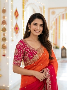 AARA Fashion Traditional Indian Silk <b>Saree</b> Women <b>Red</b> Orange Wedding Wear Floor-Length Regular Fit Stretchable Sun Protection All - Product Image 5