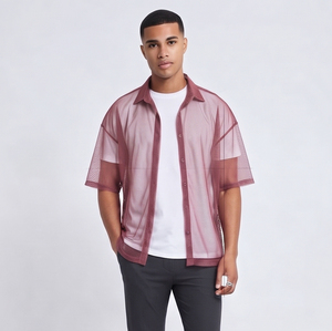 Chemise transparente en maille boutonnée pour homme, manches courtes, décontractée, coupe ample, en polyester, pour l'été - Product Image 4