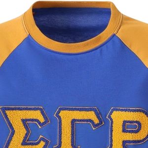 Chemise Raglan Premium en Chenille SGRho Bleu Royal et Or, Manches Courtes, Col Rond, Patch Lettres Grecques, Style Baseball, Décontractée, Fraternité - Product Image 5