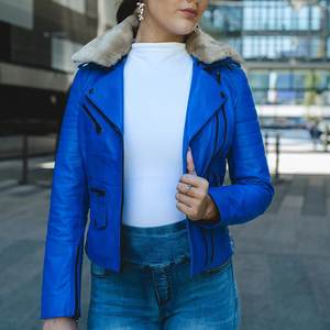 Chaquetas Azules para Mujer con Logotipo Personalizado, Chaquetas Vintage para Invierno, Abrigos Modernos de Cuero, Chaqueta Bomber Genuina, Estilo Urbano - Product Image 2