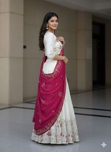 Ensemble Lehenga Choli Dupatta brodé en tissu épais pour femme, col en V, robe de soirée et de mariage - Product Image 3