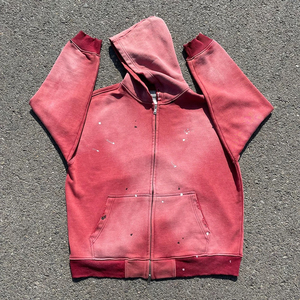 Sudadera con Capucha y Cremallera para Hombre, Roja, Felpa Francesa, Estilo Casual Otoñal, Corte Regular, Color Sólido, Diseño con Bolsillos, Teñido en la Prenda - Product Image 5