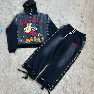 Ensemble de survêtement bleu foncé simpliste avec imprimé de personnage, sweat à capuche et pantalon, fermeture éclair, manches longues, streetwear, coupe ample, pour adultes, automne - Product Image 2