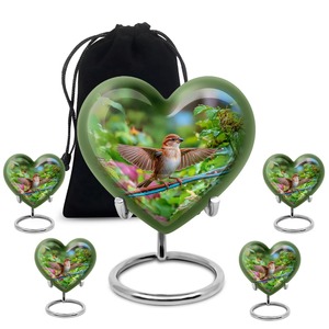 Urne commémorative décorative en métal en forme de cœur avec oiseau sur fil, motif moineau, avec support et sac en velours, vente en gros - Product Image 1