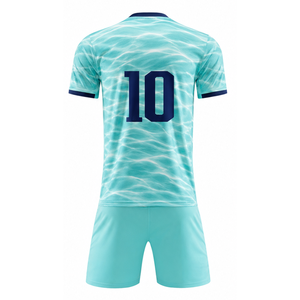 Uniforme de Fútbol Personalizado OEM con Diseño de Olas Oceánicas, Vibrante Cian y Azul Marino, Sublimado - Product Image 2