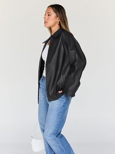 Chaqueta Bomber de Cuero PU Negra para Mujer con Cierre de Cremallera, Cuello Camisero, Manga Larga, Estilo Otoñal a Prueba de Viento - Product Image 1