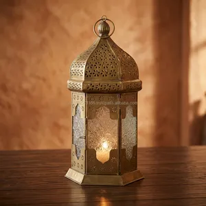 <b>Brass</b> Moroccan <b>Lantern</b> With Embossed Glass Panels And Perforated Design For Home Decoration - Product Image 4