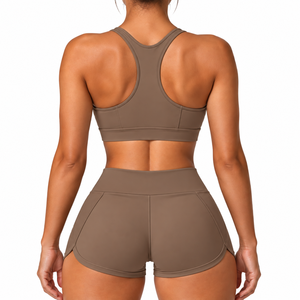 Ensemble soutien-gorge et short amincissant bicolore à col en V, taille haute, respirant, élastique et extensible dans quatre directions, avec LOGO personnalisé pour femme - Product Image 2
