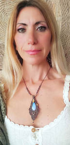 Rainbow Moonstone Macrame <b>Statement</b> Pendant Mauve Hand-Woven Crystal <b>Necklace</b> Spiritual Boho Jewelry - Product Image 2